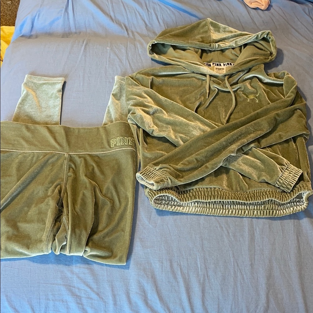Victoria's Secret Olive Green Velour Matching hoodie and leggings